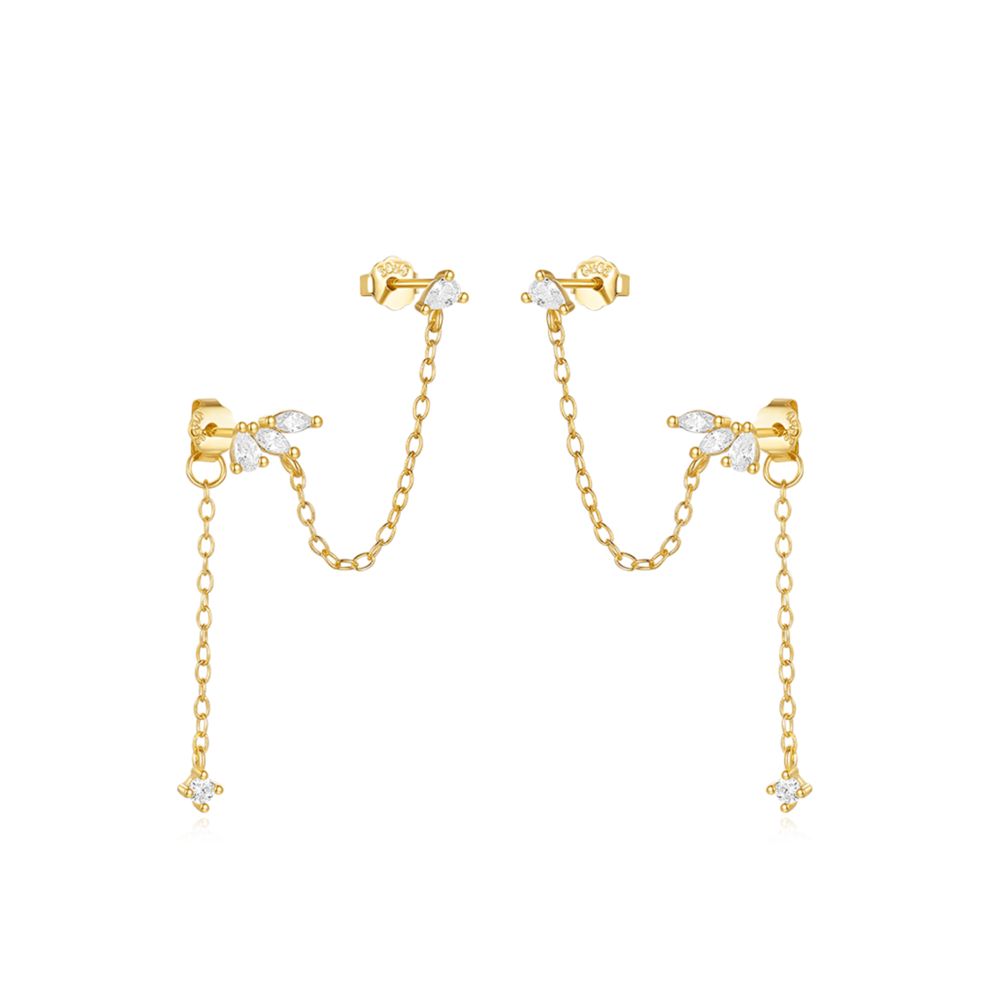 Gold stud earrings with double crystal chains – statement modern jewellery by KJAYDE