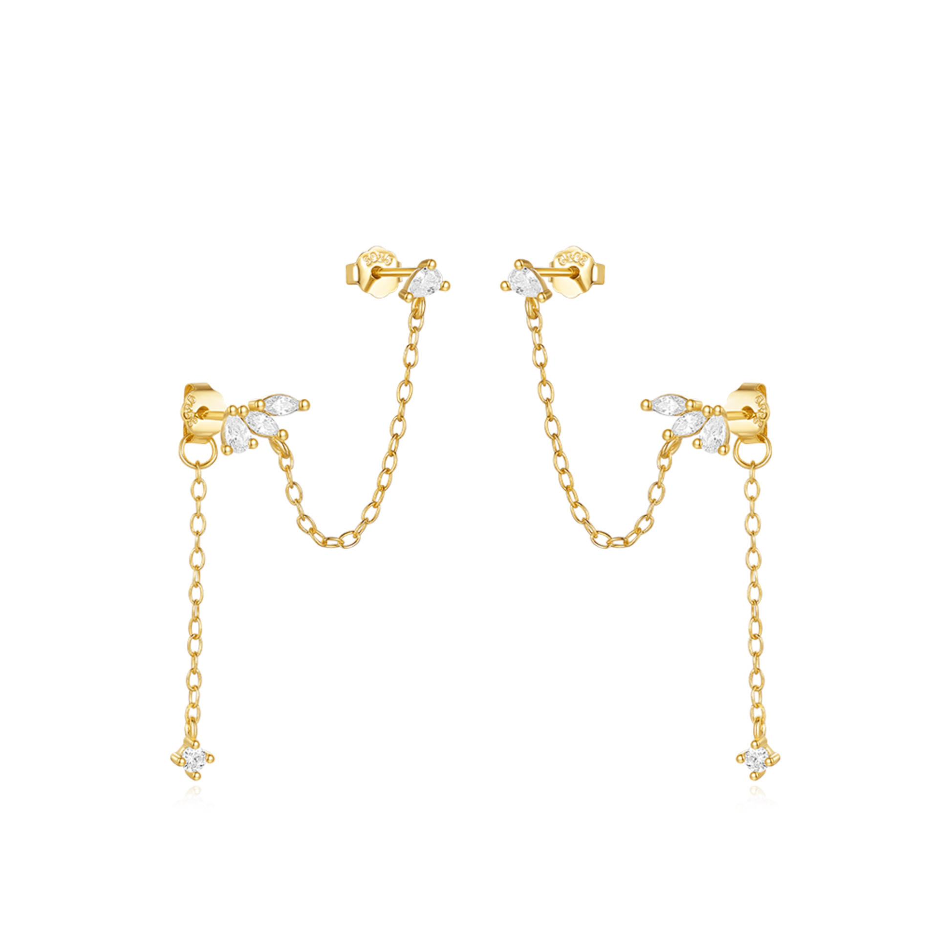 Gold stud earrings with double crystal chains – statement modern jewellery by KJAYDE