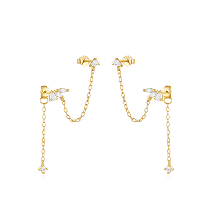 Gold stud earrings with double crystal chains – statement modern jewellery by KJAYDE