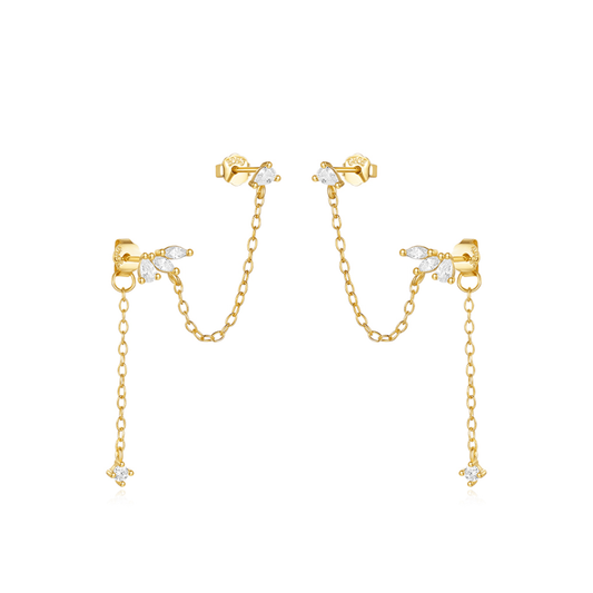 Gold stud earrings with double crystal chains – statement modern jewellery by KJAYDE