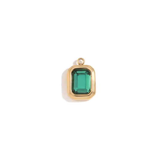 Gold bezel charm pendant with dark green emerald-cut stone
