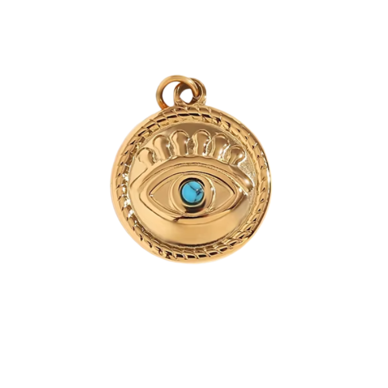 Gold evil eye medallion charm pendant with turquoise centre and rope edge