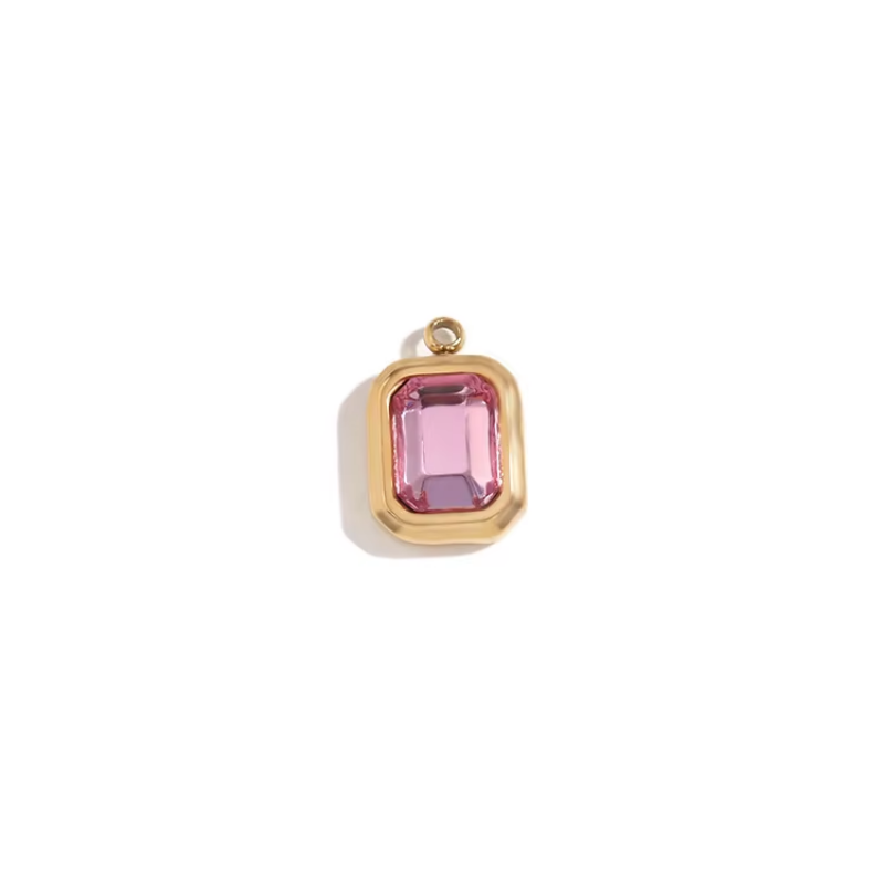 Gold bezel charm pendant with light pink emerald-cut stone