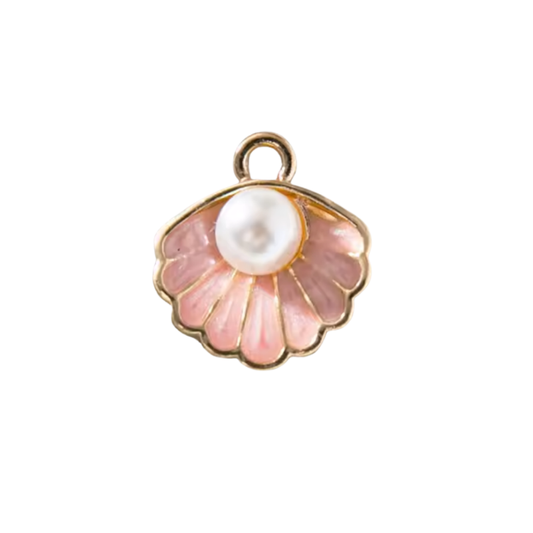 Pearl Tide charm — gold scallop shell with light pink enamel and round pearl