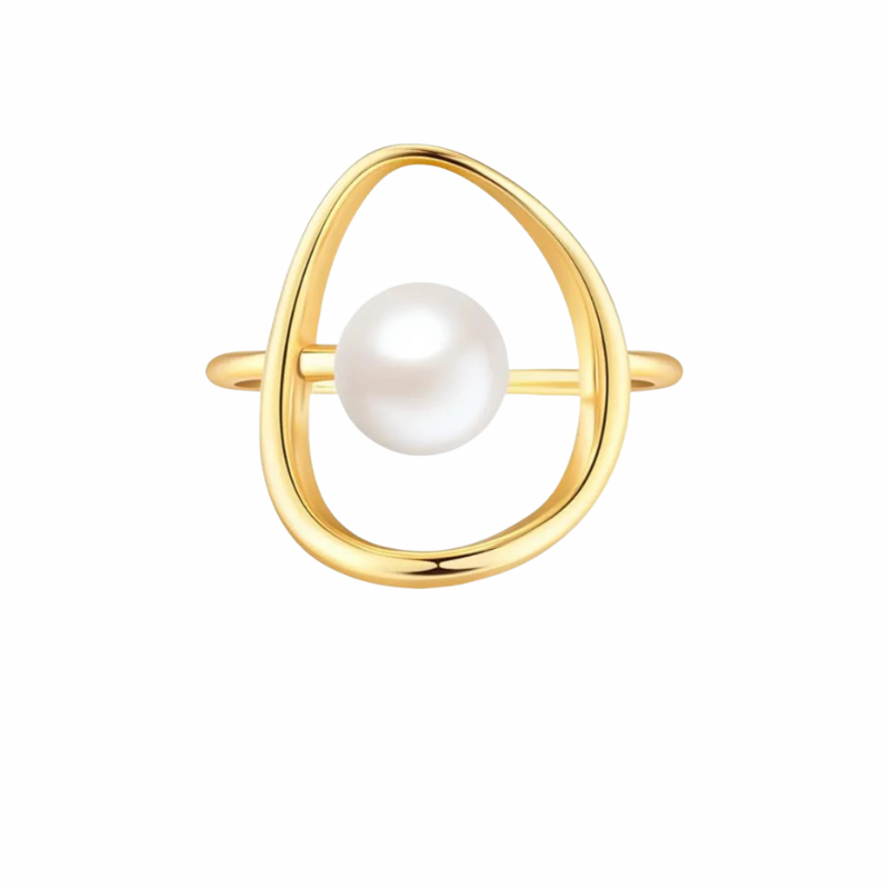 Oasis gold open halo ring with floating pearl and organic teardrop shape