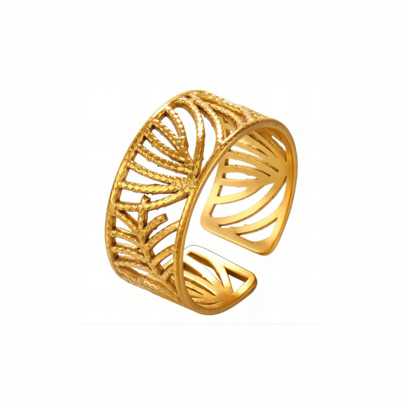 Bodhi gold openwork leaf band ring with textured palm-frond motif