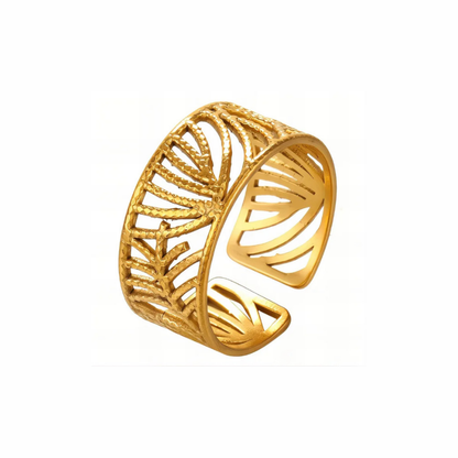 Bodhi gold openwork leaf band ring with textured palm-frond motif