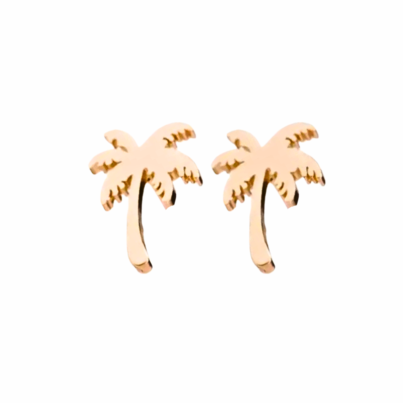 Close-up of Siya gold palm tree studs with high-polish finish