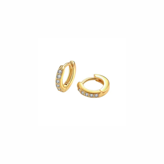 Gold hoop earrings with embedded stones on a white background