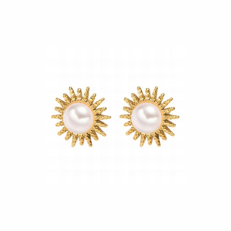 Sunburst gold stud earrings with lustrous pearl centre and textured rays