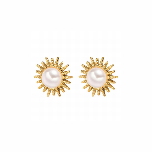 Sunburst gold stud earrings with lustrous pearl centre and textured rays