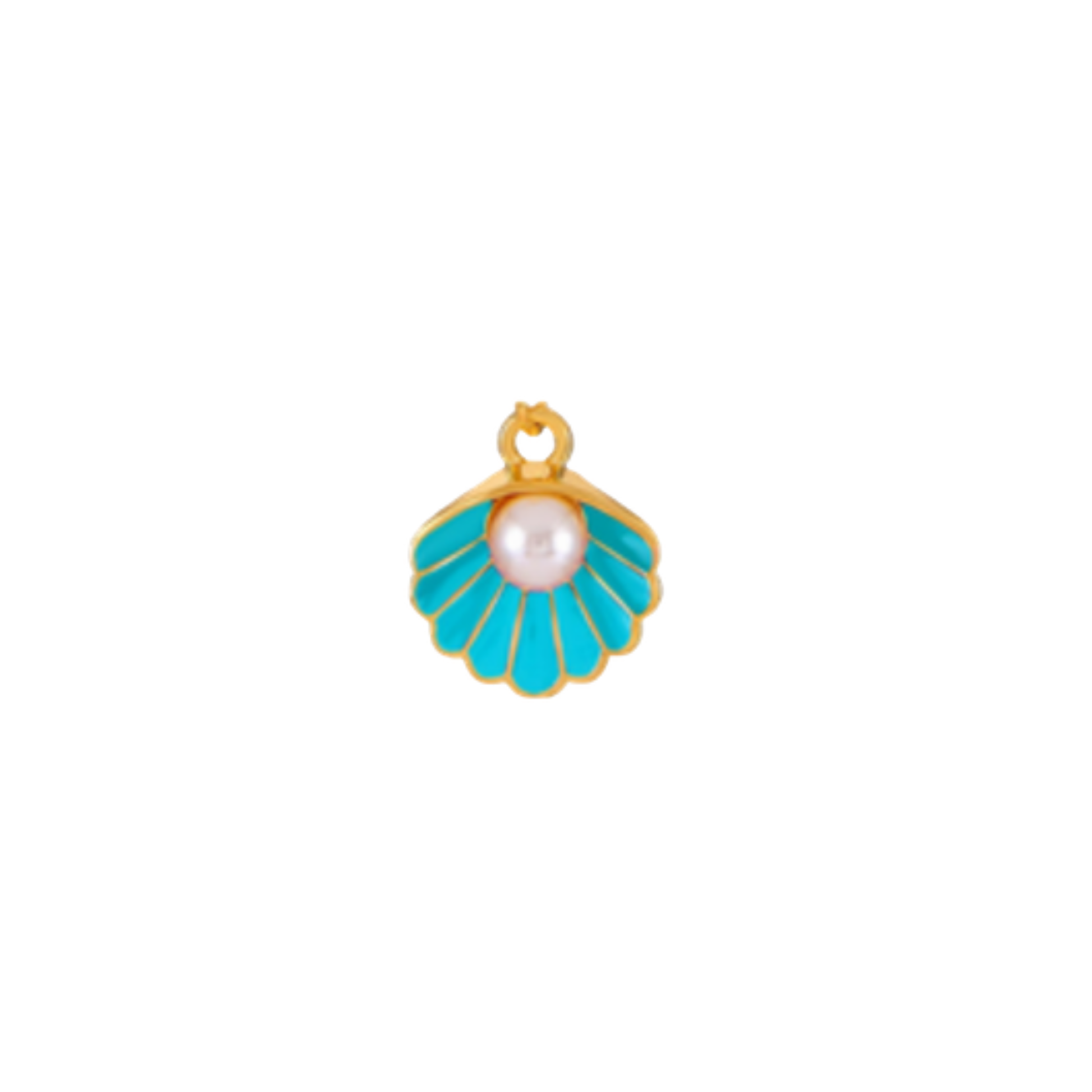 Gold shell charm with aqua blue detail and pearl-style centre on white background