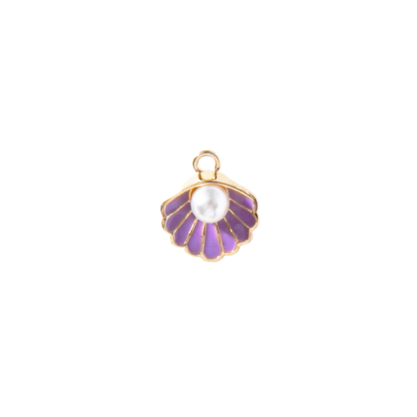Gold shell charm with purple detail and pearl-style centre on white background