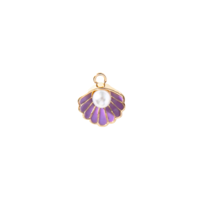 Gold shell charm with purple detail and pearl-style centre on white background