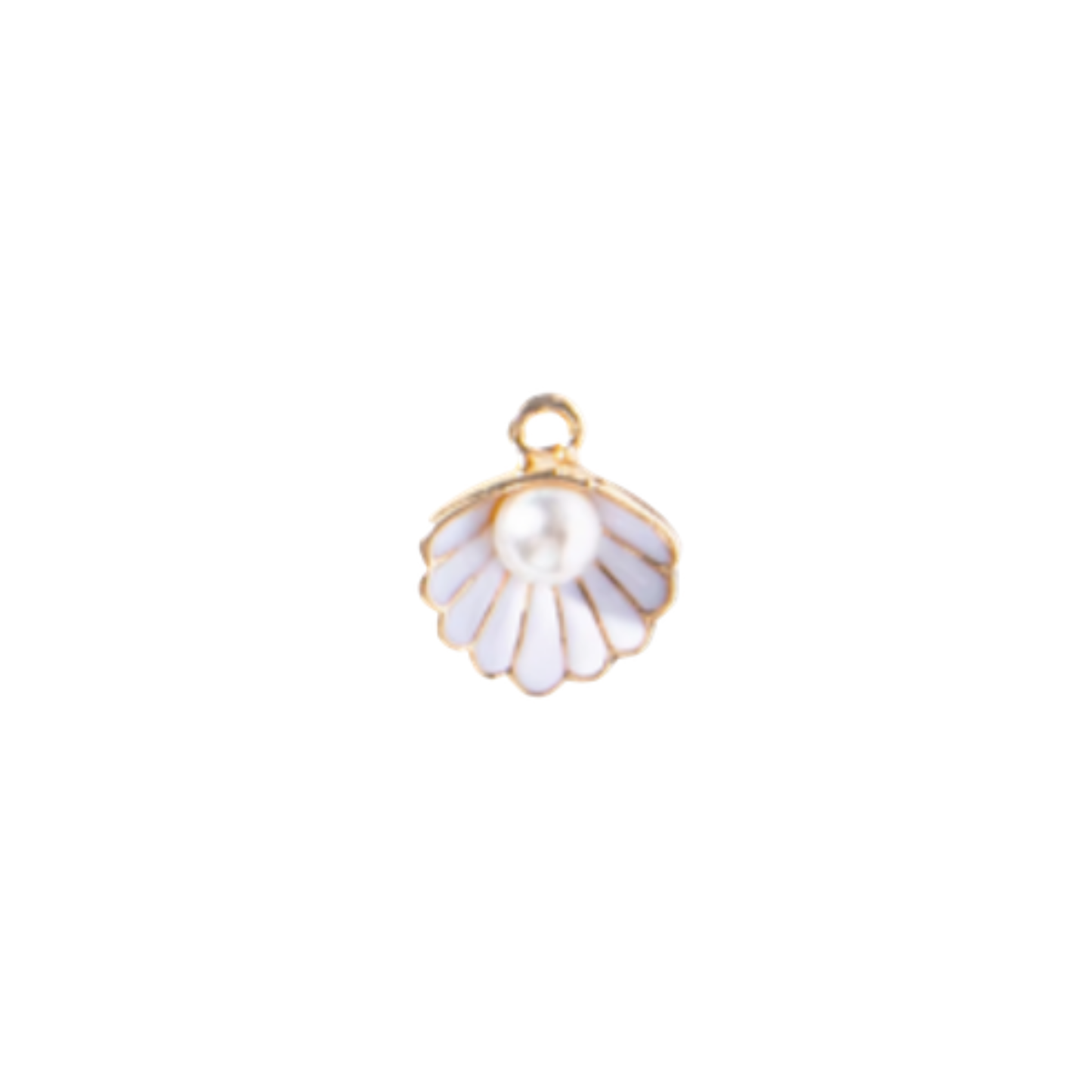 Gold shell charm with white shell detail and pearl-style centre on white background