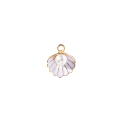 Gold shell charm with white shell detail and pearl-style centre on white background
