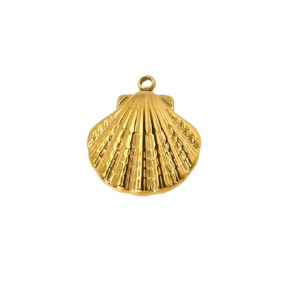 Gold scallop shell charm pendant with ridged detail and polished finish