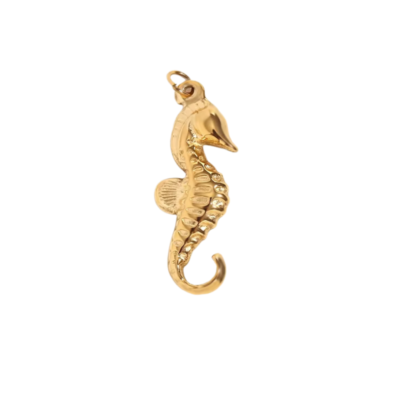 Gold seahorse charm pendant with textured detail and polished finish