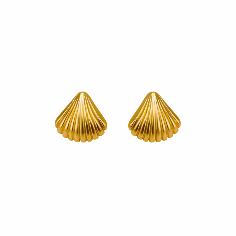 Sol gold shell stud earrings with ridged scallop design and polished shine