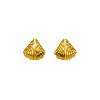 Sol gold shell stud earrings with ridged scallop design and polished shine