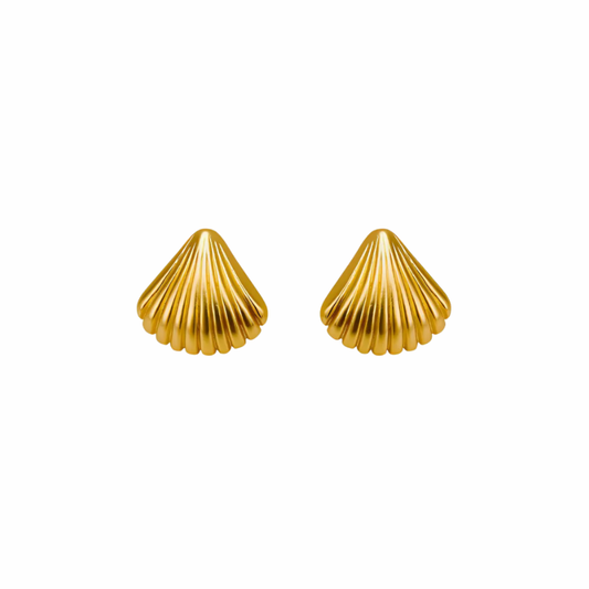 Sol gold shell stud earrings with ridged scallop design and polished shine