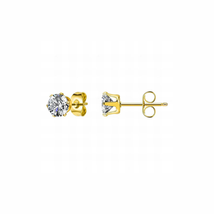 Close-up of Solea gold solitaire stud earrings showing prong-set round stone