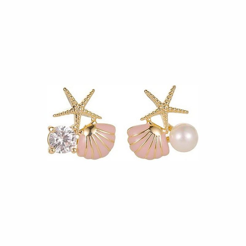 Pair of earrings with starfish, shell, and pearl designs on a white background