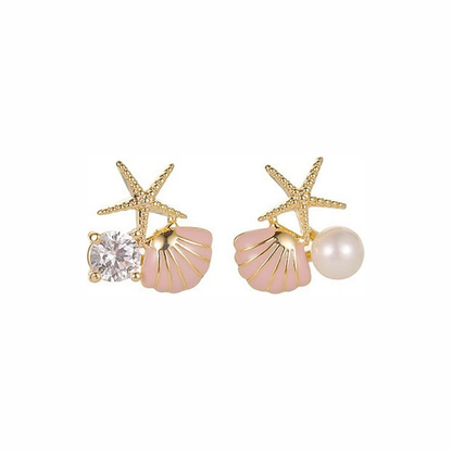 Pair of earrings with starfish, shell, and pearl designs on a white background