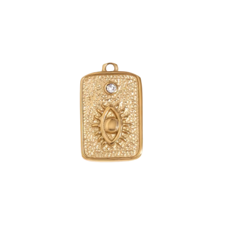 Sunseer gold rectangle charm pendant with textured sun-eye motif and clear stone accent