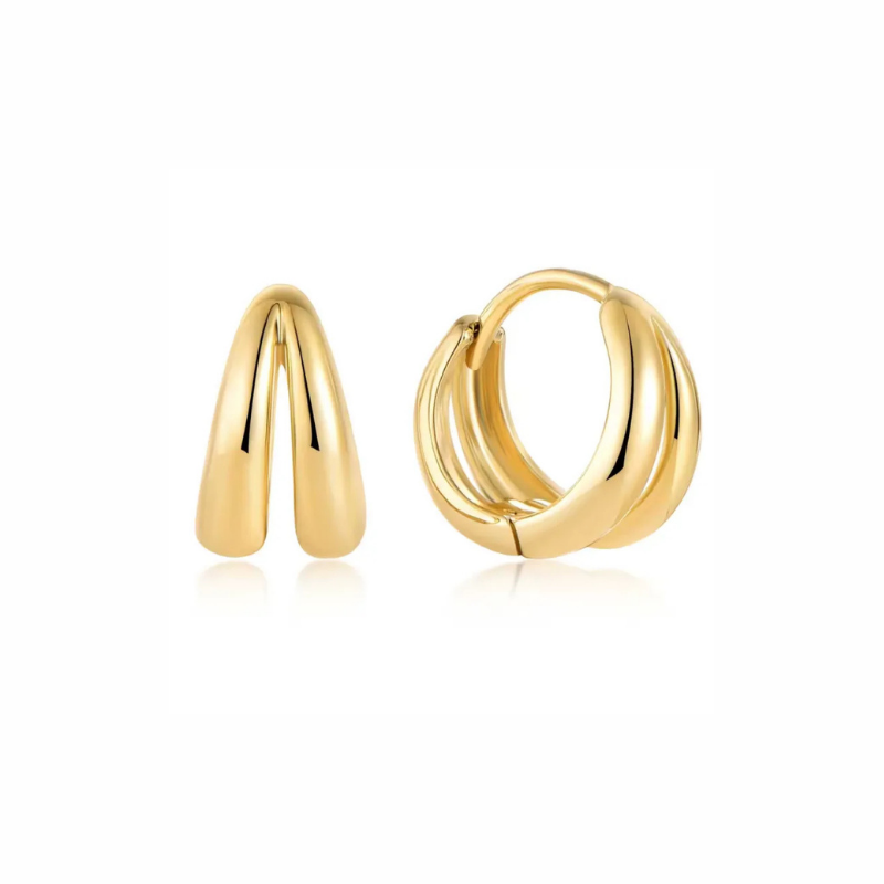Lux gold triple-band huggie hoop earrings with polished dome finish