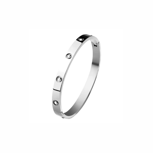Cala silver bangle in stainless steel with cubic zirconia accents, waterproof and tarnish-resistant, minimalist bracelet for everyday wear