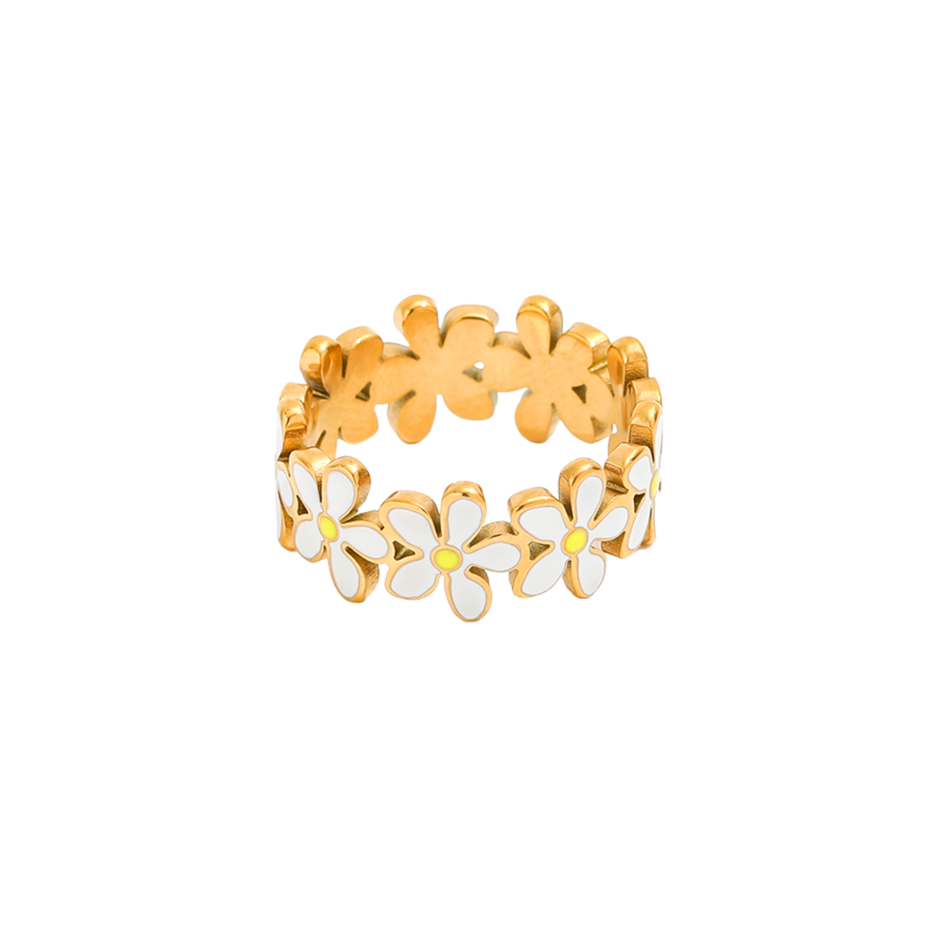 Daisy Bloom Ring by KJAYDE, gold floral ring with white enamel daisies and yellow centres