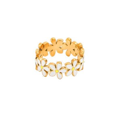 Daisy Bloom Ring by KJAYDE, gold floral ring with white enamel daisies and yellow centres