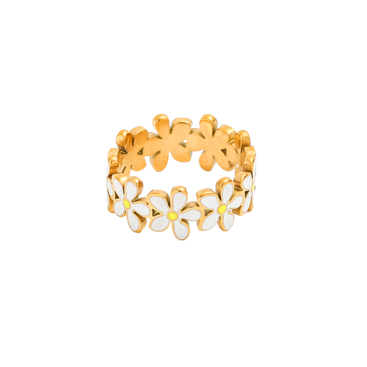 Daisy Bloom Ring by KJAYDE, gold floral ring with white enamel daisies and yellow centres