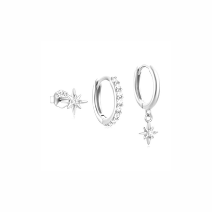 Three-piece silver earring set with celestial starburst details and crystal hoop accents — waterproof and tarnish-resistant