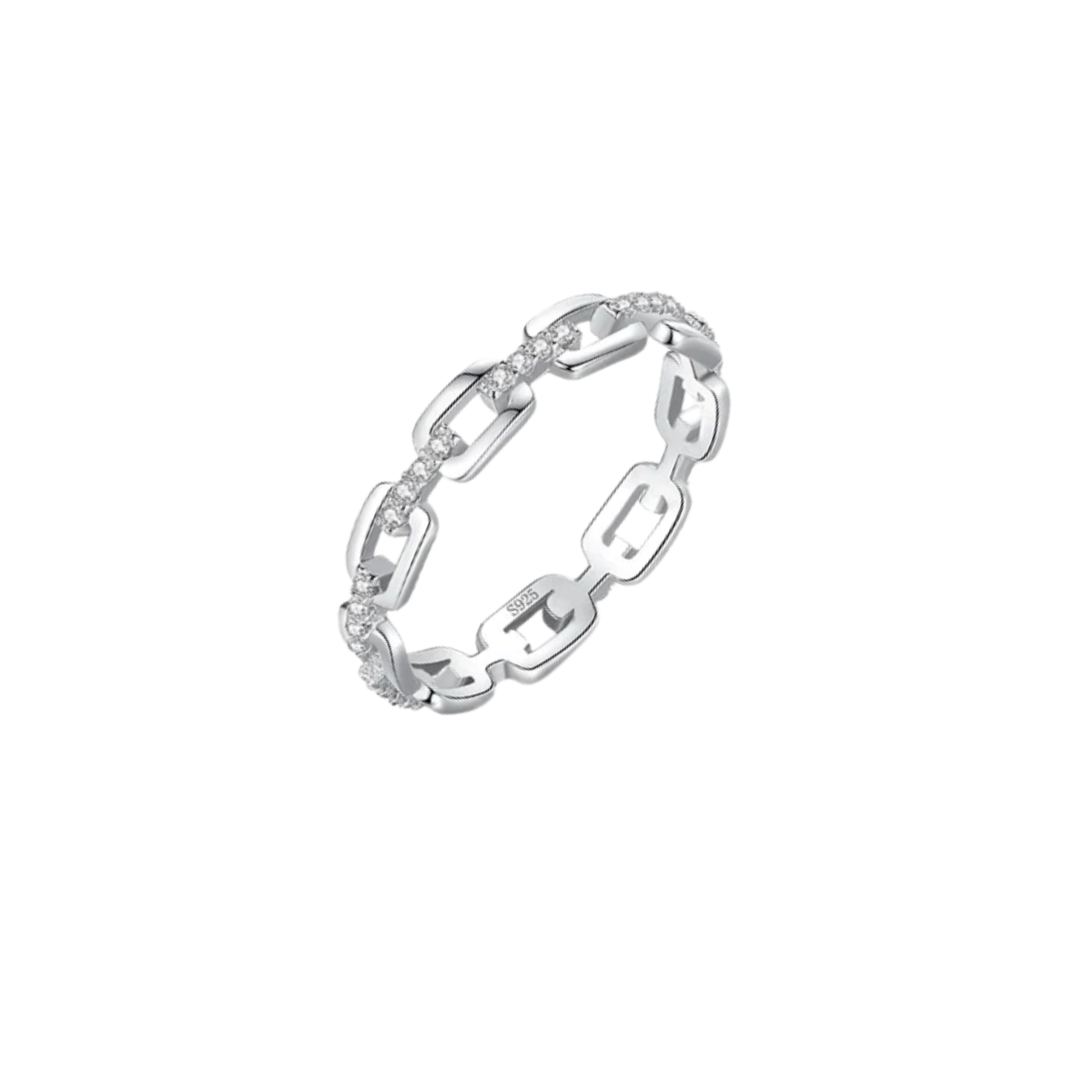 Elara Link waterproof 925 sterling silver ring by KJAYDE with open chain links and clear crystals