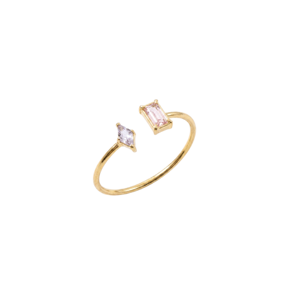 Gem Ring by KJAYDE in gold with pink rectangular stone and clear marquise stone