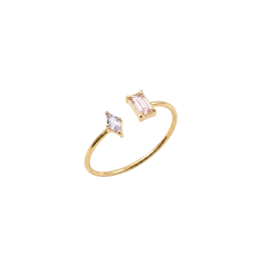 Gem Ring by KJAYDE in gold with pink rectangular stone and clear marquise stone