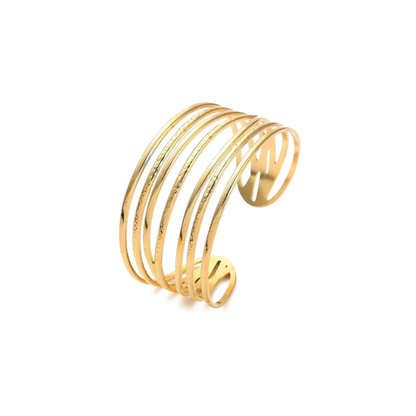 Luna gold wide cuff bangle with layered strand design, statement bracelet, waterproof and tarnish-resistant, perfect for stacking or wearing solo