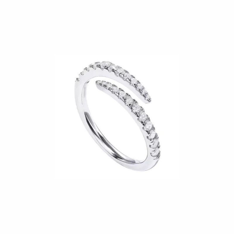 Sterling silver wrap ring with double row of crystals — modern, minimalist, adjustable fit, and tarnish-resistant