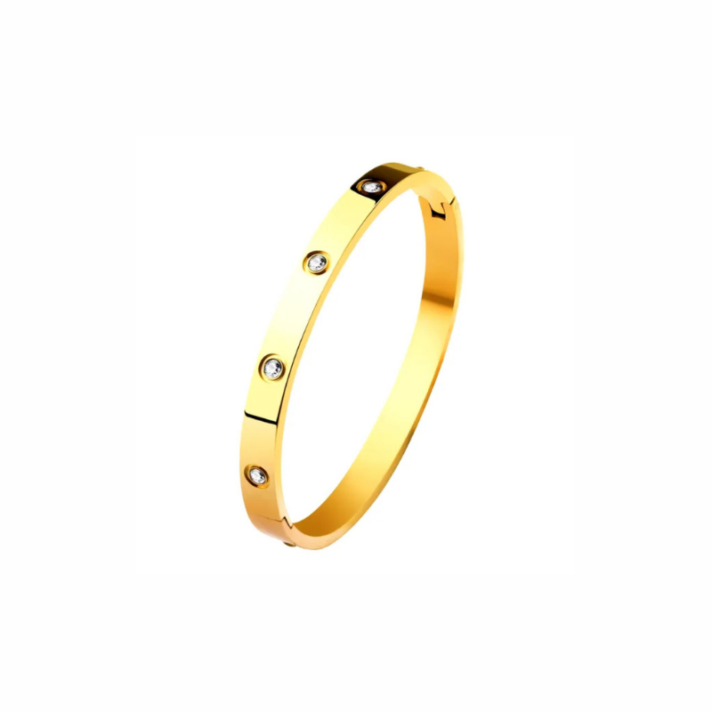 Ora gold bangle bracelet with crystal studs, sleek and modern design, waterproof and tarnish-resistant, perfect for stacking and everyday wear