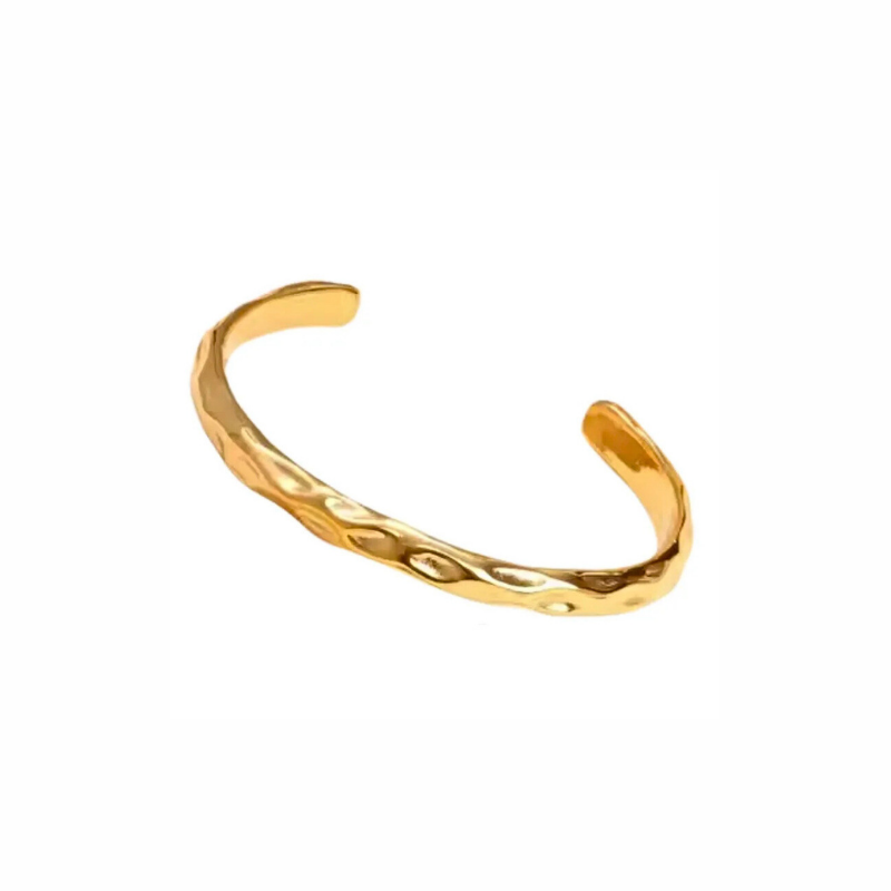 Ripple gold cuff bracelet with hammered texture, open adjustable design, waterproof and tarnish-resistant, perfect for stacking and layering jewellery