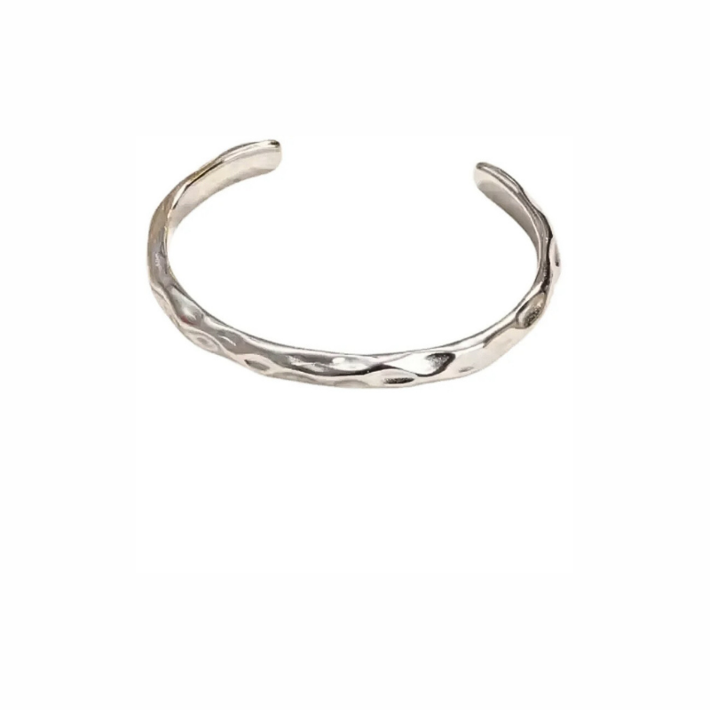 Ripple silver cuff bracelet with hammered texture, open adjustable design, waterproof and tarnish-resistant, perfect for layering jewellery