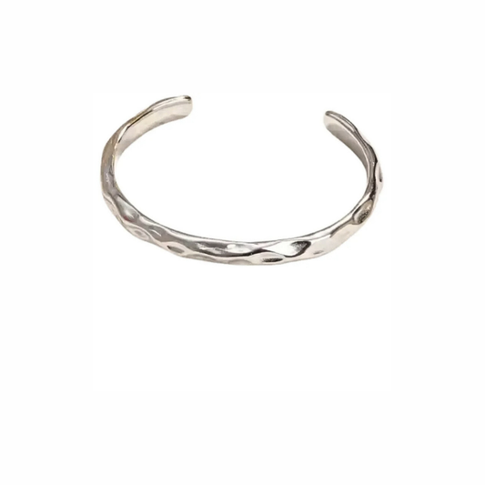 Ripple silver cuff bracelet with hammered texture, open adjustable design, waterproof and tarnish-resistant, perfect for layering jewellery