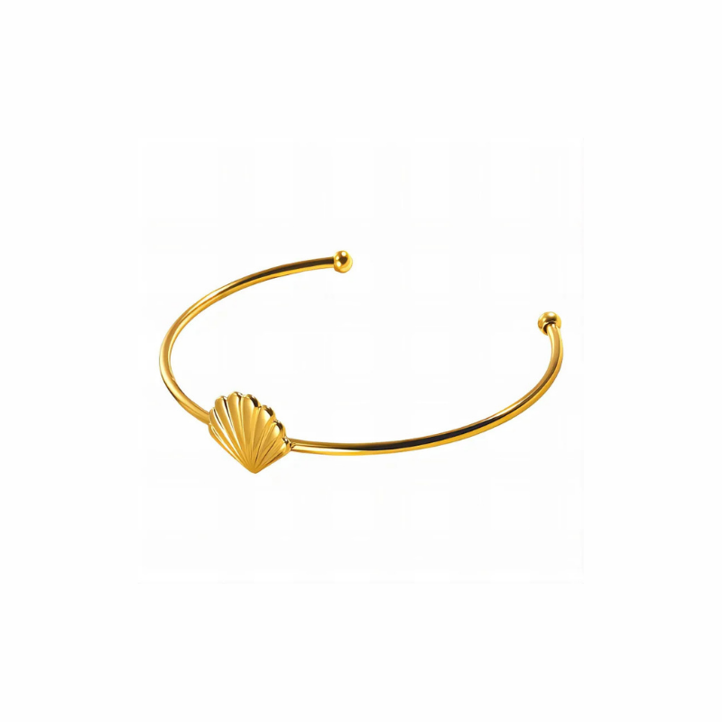Selene gold bangle cuff with delicate seashell design, open adjustable style, waterproof and tarnish-resistant for beach-inspired jewellery layering