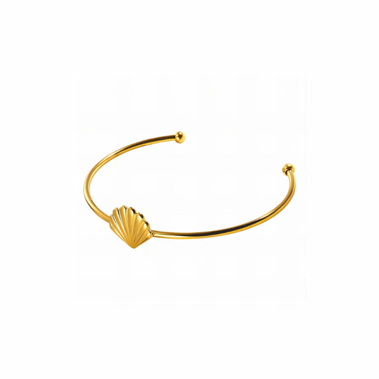 Selene gold bangle cuff with delicate seashell design, open adjustable style, waterproof and tarnish-resistant for beach-inspired jewellery layering