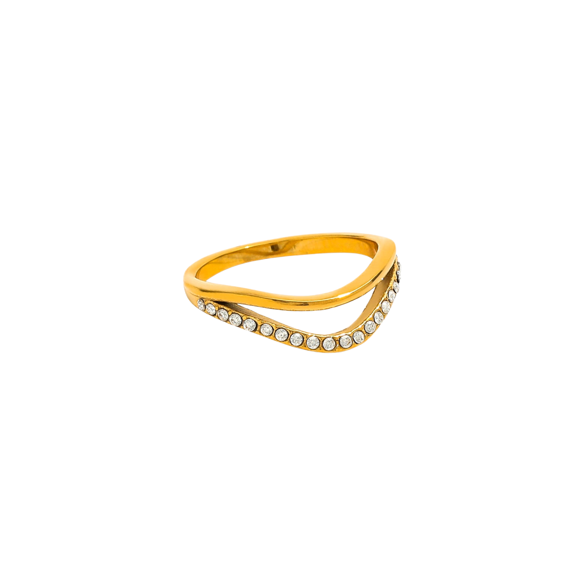 Solene Curve waterproof gold ring by KJAYDE with sweeping double bands and clear crystal detailing