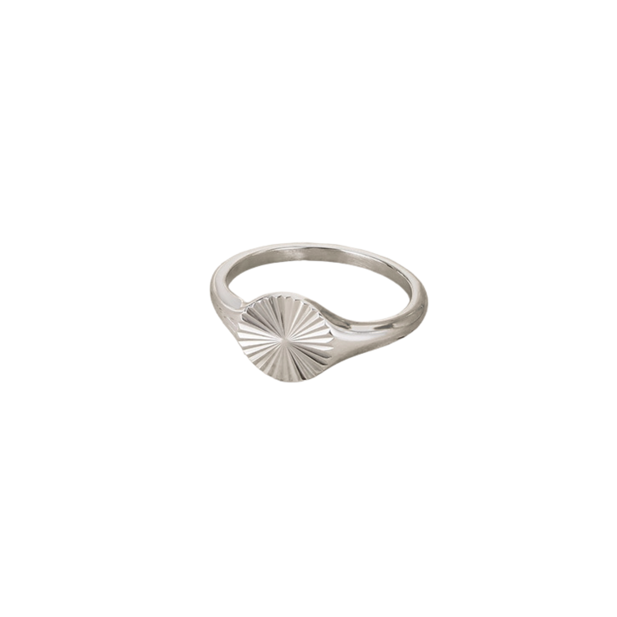 Solstice Signet Ring by KJAYDE in polished silver stainless steel with textured sunburst face