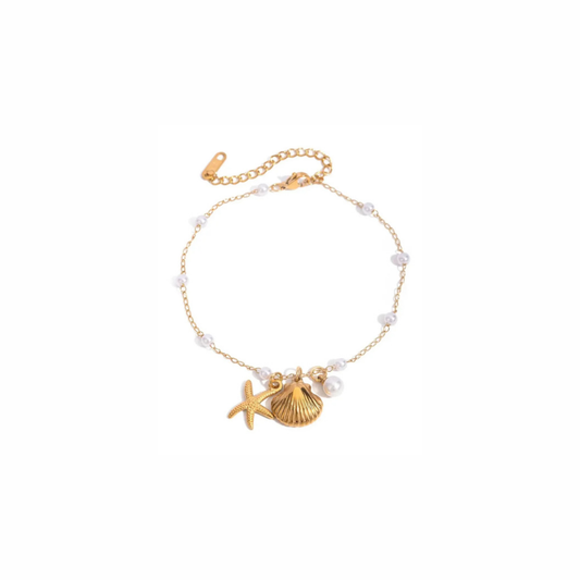 Willow bracelet with gold starfish, shell, and pearls — ocean-inspired waterproof gold chain bracelet for summer layering