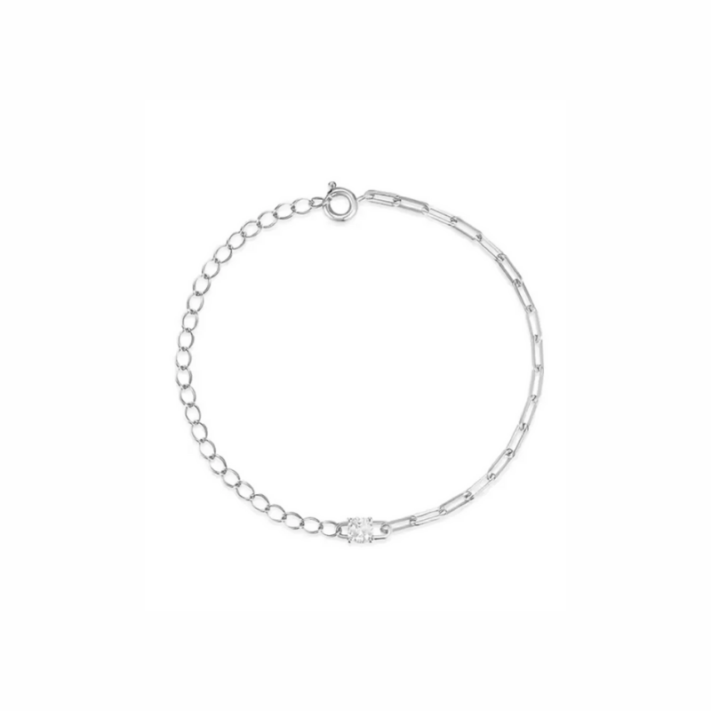 Minimalist silver bracelet with dual chain textures and central detail — lightweight, waterproof, and perfect for layering